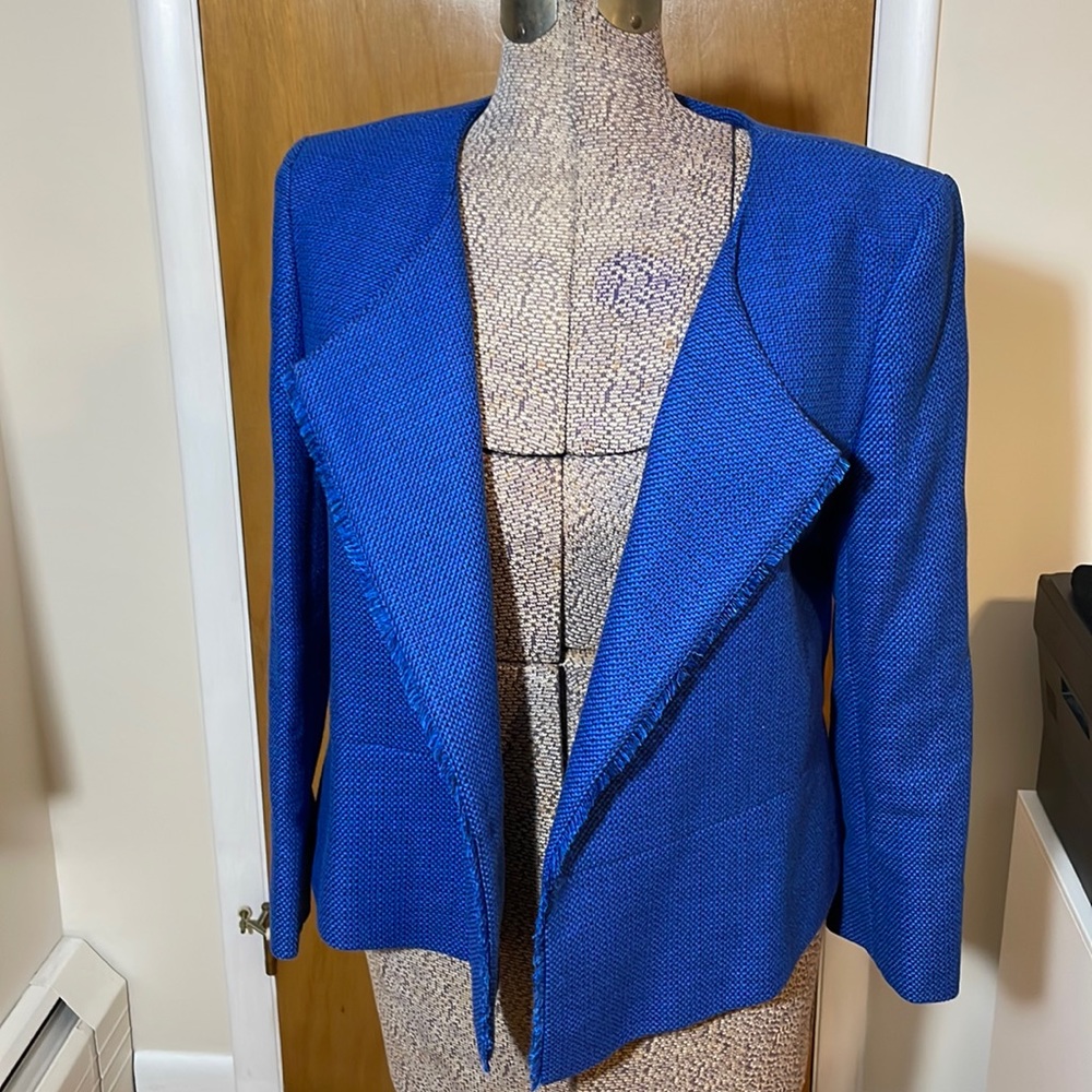 LOFT Womens Blue Woven Blazer with Fringe